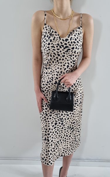 215 23263(20001) Leopar Desenli Saten Elbise