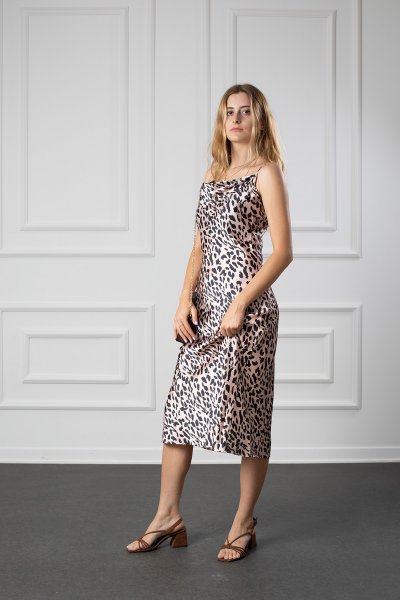 215 23263(20001) Leopar Desenli Saten Elbise