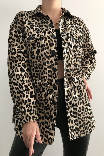 130 12649 Leopar Desen Gabardin Ceket