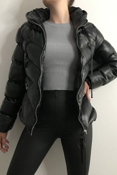 180 89618 Kapşonlu Deri Şişme Mont