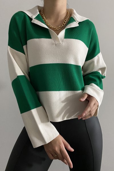 900 3489 Polo Yaka Kalın Çizgili Kazak