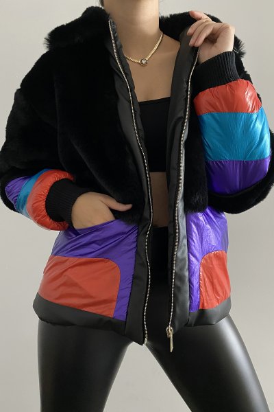 200 K09 Kürk Deri Detaylı Renkli Mont