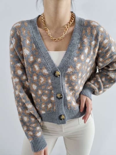 900 3488 Leopar Desen Düğmeli Hırka