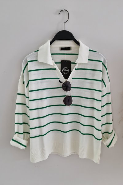 900 3276 Polo Yaka Çizgili İnce Triko Kazak