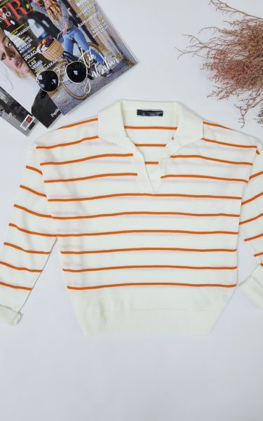 900 3276 Polo Yaka Çizgili İnce Triko Kazak