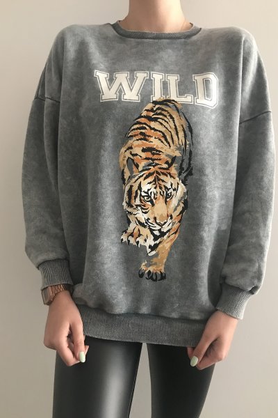 130 12657 Wıld Yazı Kaplan Baskı Sweat