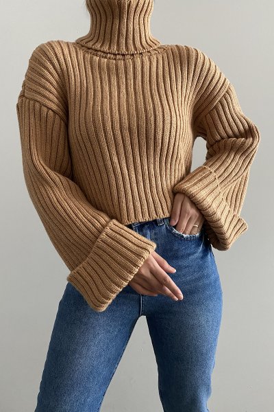 160 3014 Selanik Örgü Balıkçı Yaka Kısa Kazak