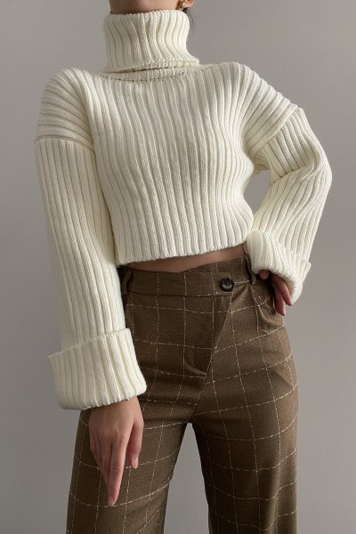 160 3014 Selanik Örgü Balıkçı Yaka Kısa Kazak