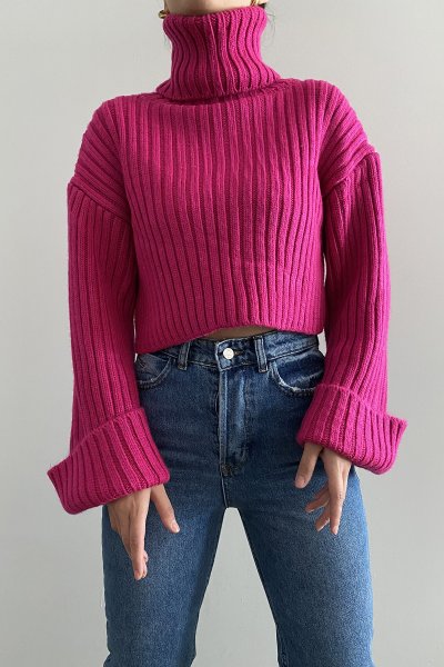 160 3014 Selanik Örgü Balıkçı Yaka Kısa Kazak