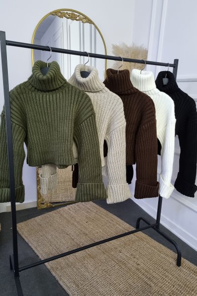 160 3014 Selanik Örgü Balıkçı Yaka Kısa Kazak