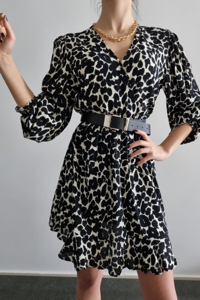 130 12635 Leopar Desen Kruvaze Elbise