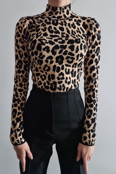 160 2802 Leopar Desen Triko Kazak