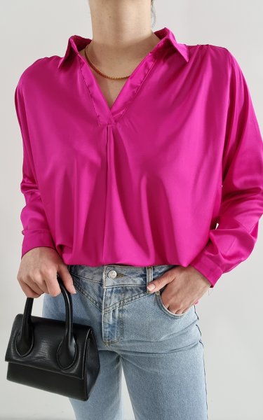 120 26772 Gömlek Yaka Saten Oversize Bluz