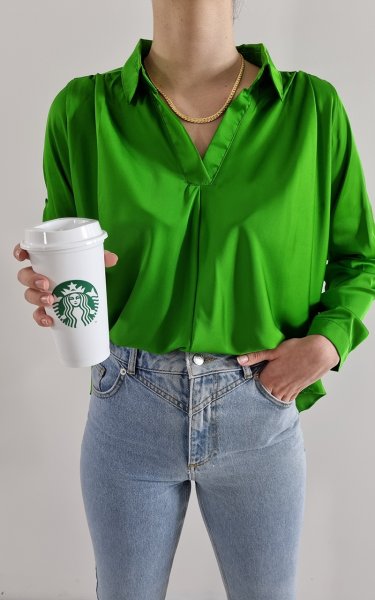 120 26772 Gömlek Yaka Saten Oversize Bluz