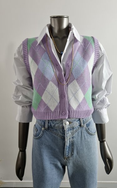 900 3311 Düğmeli Baklava Desenli Kısa Süveter