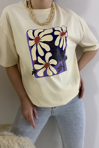150 80433 Çiçek Baskılı Salaş Tshirt