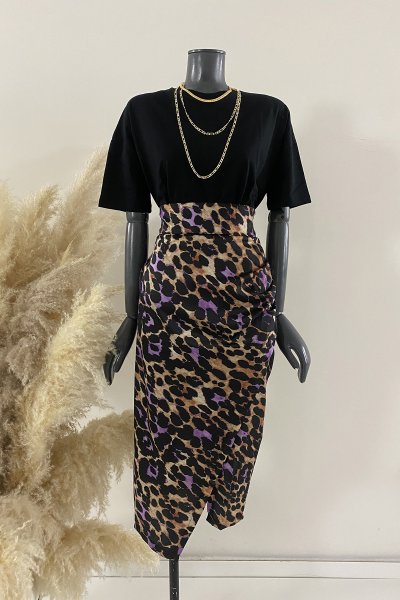 115 01- 0016 Derin Yırtmaçlı Leopar Dsn Etek