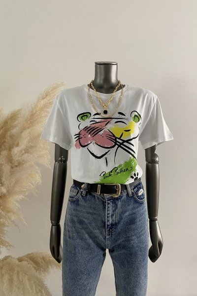 17176 Pembe Panter Baskılı tişört