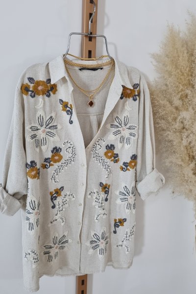270 32565 Çicek nakışlı keten oversize gömlek