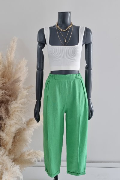 430 43020 Beli lastikli duble paça keten pantolon
