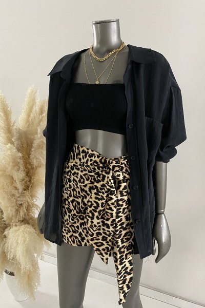 550801 Leopar mini kuşaklı şort etek