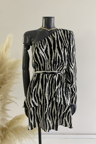 170 31771 Tek omuz zebra dsn elbise