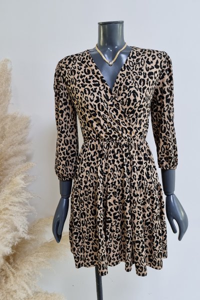 2022- 6855 Kruvaze leopar desen elbise