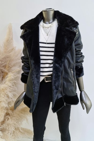 2165  Yakası kemerli lamine deri mont