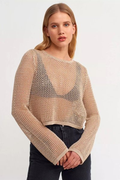 140 10350 Bisiklet yaka ajur desen crop