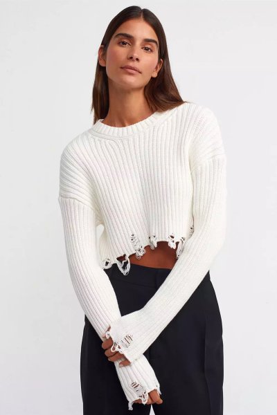 140 10489 FİTİLLİ YIRTIK DETAYLI CROP KAZAK