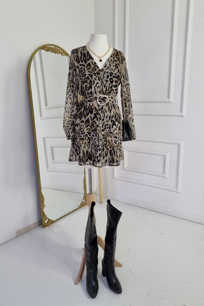 130 17618 Leopar Desen Kuşaklı Elbise