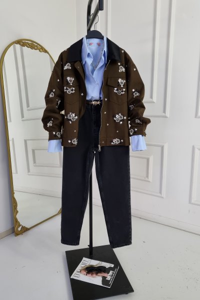 KL001 9027 Kontrast Yaka Boncuk İşlemeli Ceket